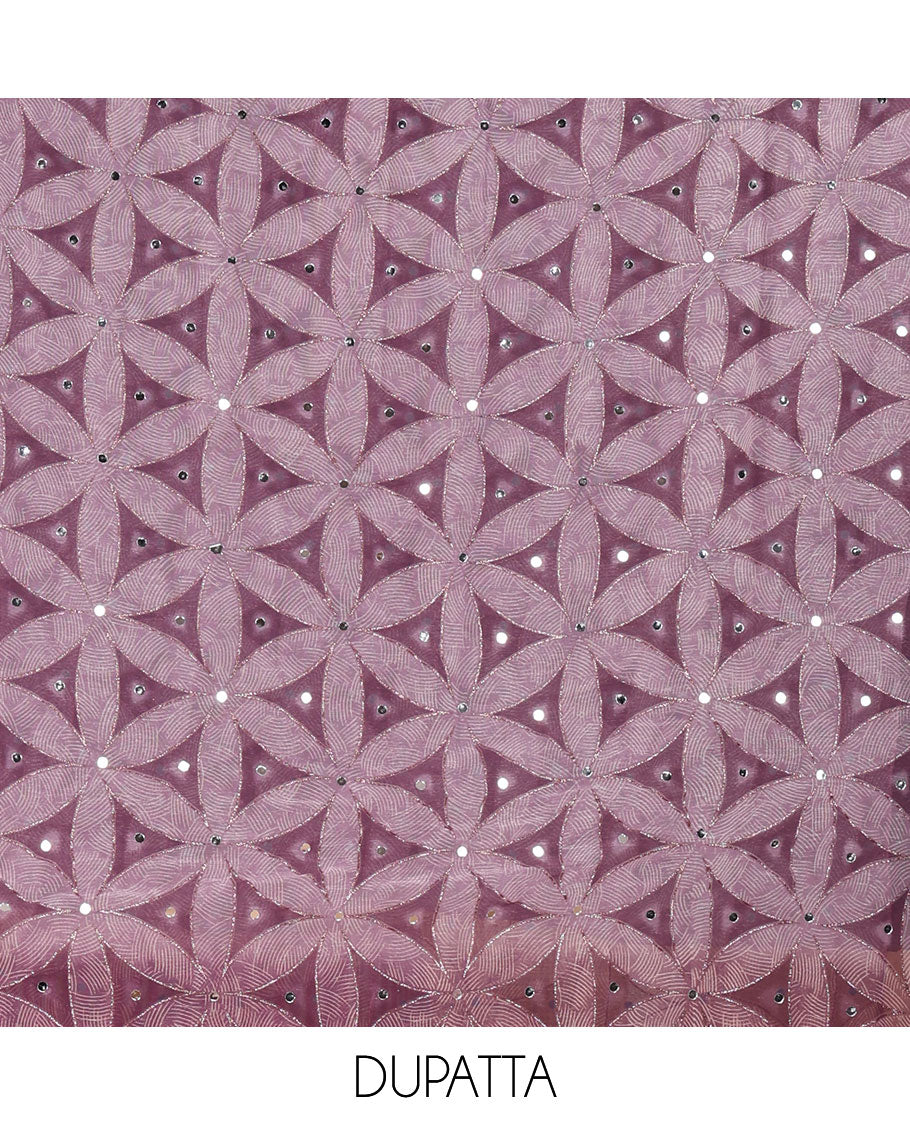 Purple material chudidar, brasso floral print & mirrorwork vichitra silk top, santoon bottom & shimmer georgette dupatta of floral print & mirrorwork