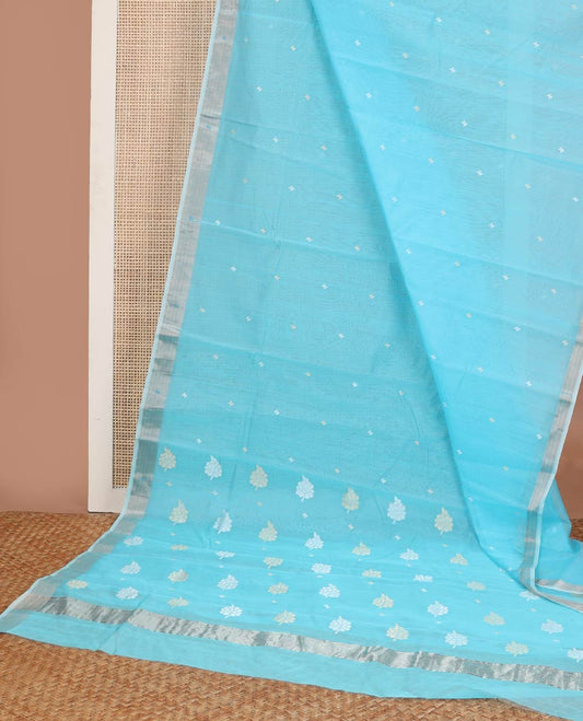 Light blue floral motifs chanderi cotton saree with contrast border & striped, floral design pallu
