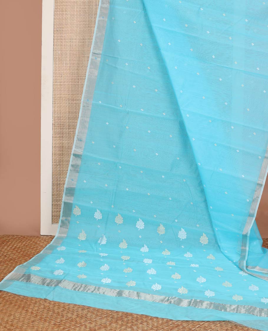 Light blue floral motifs chanderi cotton saree with contrast border & striped, floral design pallu