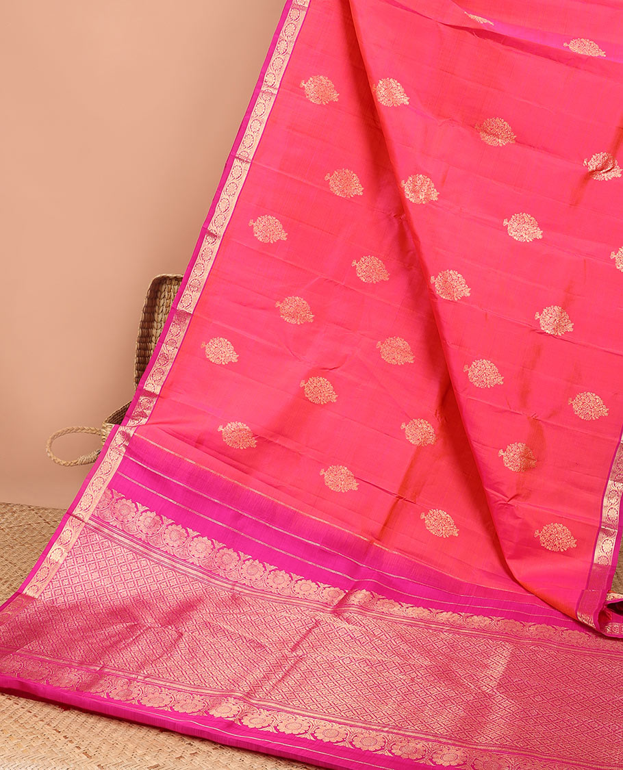 Pink leaf buttas kancheepuram silk saree with contrast zari border & floral, checked zari design pallu