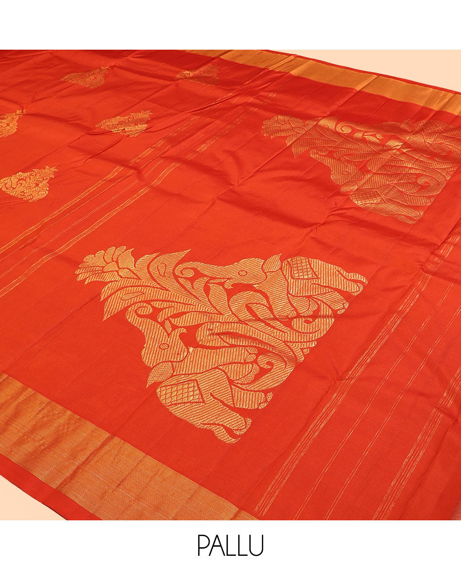 Orange Kanchipuram Silk Saree, Woven with Yaanai Buttas, Highlighted by Zari Border, Pallu of Yaanai Design, and a Matching Blouse