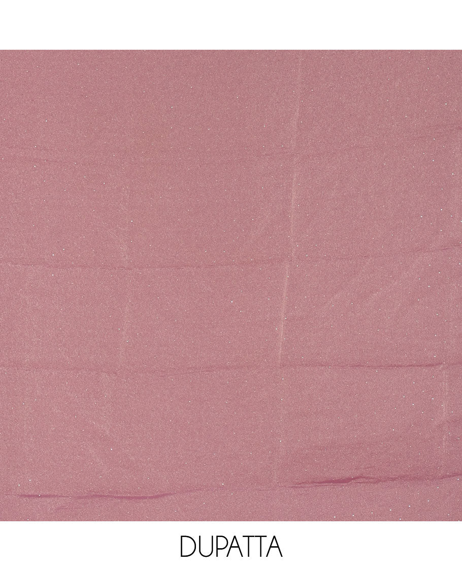 Lavender material chudidar set, stone work moss organza top, a matching bottom, and scallop stone work moss organza dupatta