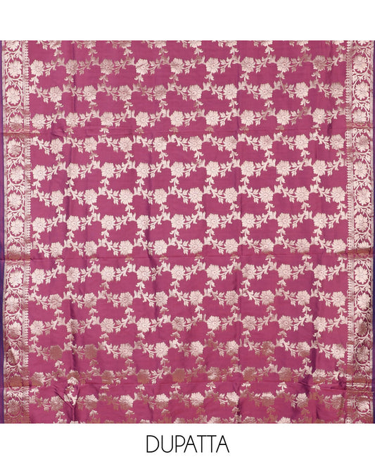 Wine banarasi material chudidar set, zari buttas woven top, plain bottom, and floral jaal taffeta silk dupatta