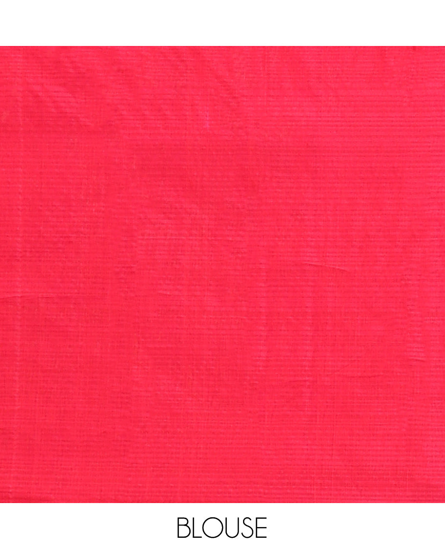 Borderless Red Silk Cotton Saree, Detailed with Zari Buttas and Stripes, Grand Pallu, and a Matching Blouse