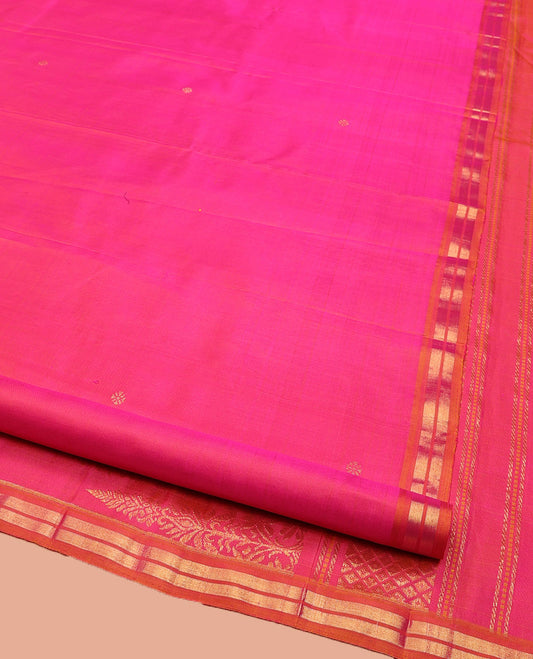 Pink Kanchipuram Silk Saree, Decked Up with Zari Buttas All Over Its Body, Complemented by Contrast Zari Piping Border, Pallu of Big Paisleys, and Paired with a Matching Blouse