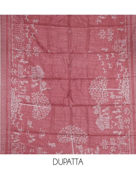 Chikku-red material churidar set, warli tribe village theme print with mirror work semi-tussar top, plain bottom, and warli tribe village theme print semi-tussar dupatta