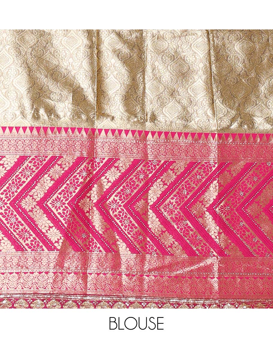 Gold banaras half saree, ogee skirt, contrast rani pink traditional zari border, matching blouse, and Syska georgette embroidered dhavani