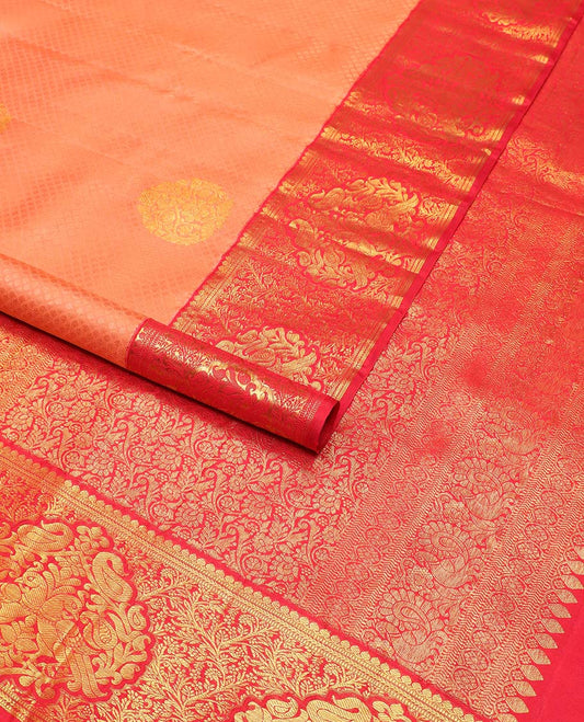 Peach jaal design silk saree with contrast border of thilakam mokku, muthu, banaras designs & floral design pallu