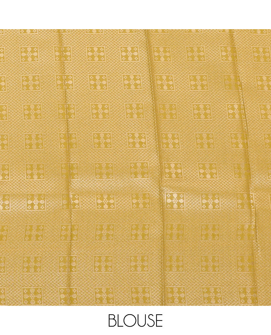 Green Litchi Saree, Detailed with Zari Buttas, a Contrast Traditional Rettai Pettu Border, Grand Pallu, and a Contrast Blouse