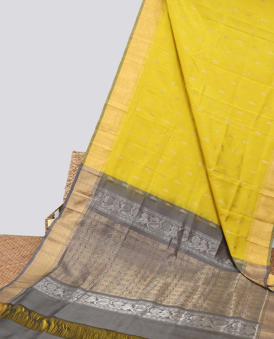 Yellow motifs uppada silk saree with contrast zari border & floral jaal design pallu
