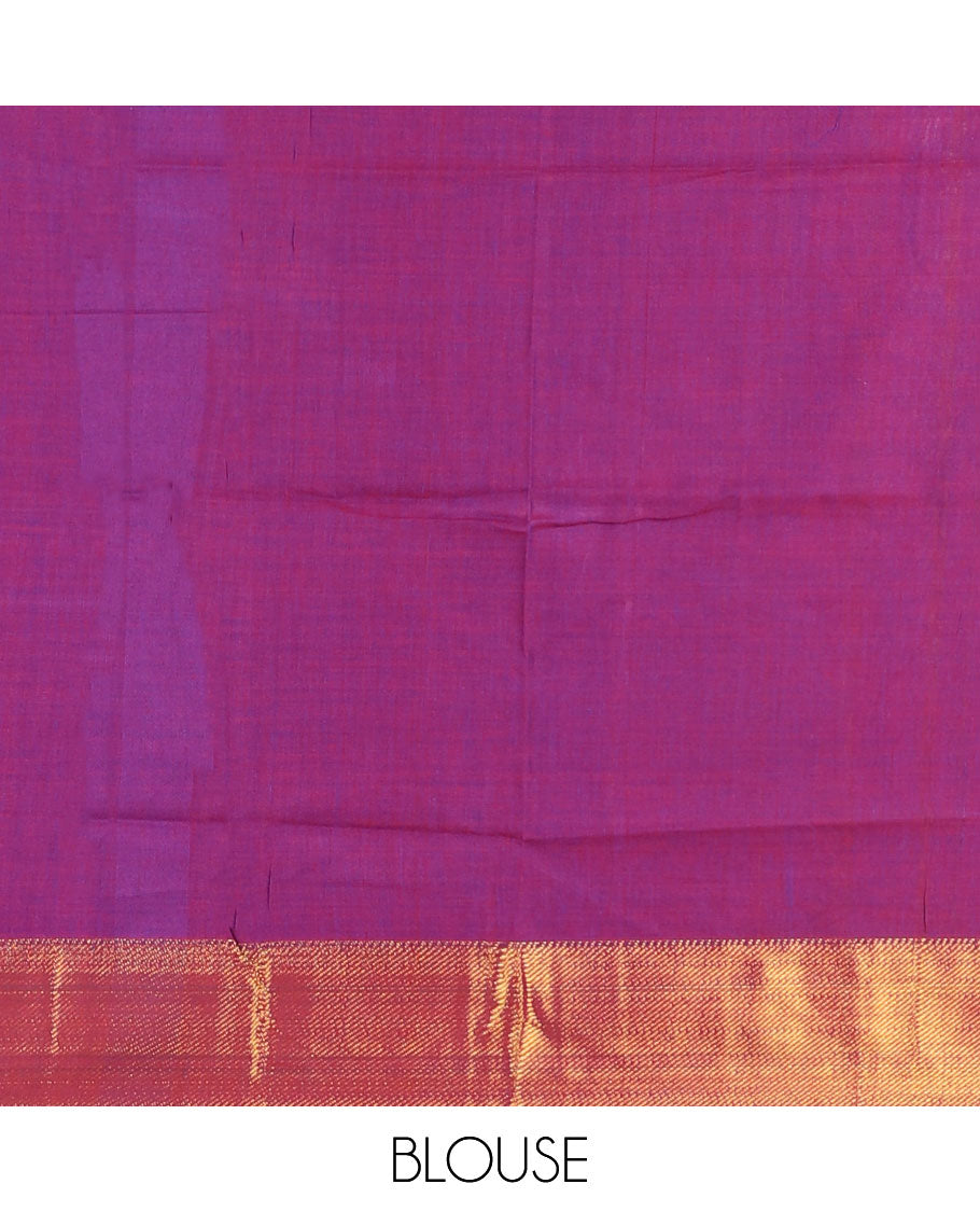 Purple half-saree, plain with contrast traditional zari border skirt, matching zari bordered blouse, and contrast plain zari border dhavani