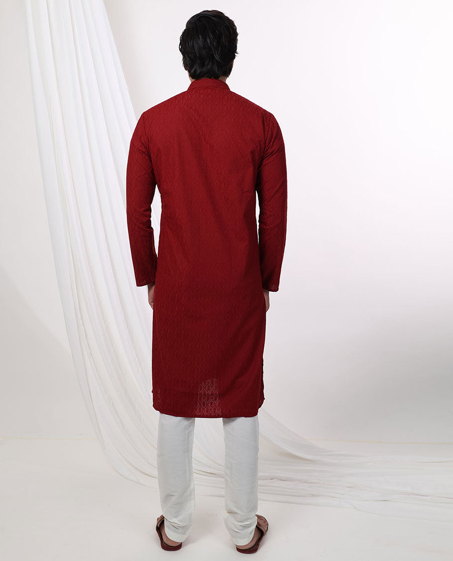 Red ogge design thread embroidery mandarin collar & full-sleeve long raw silk kurta