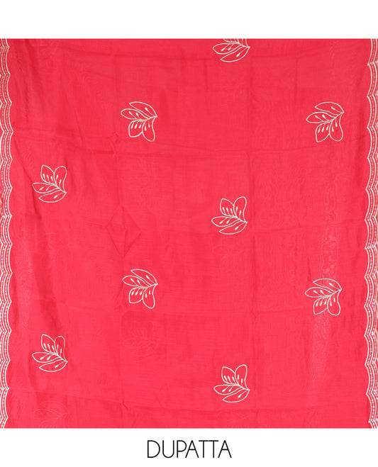 Maroon Mul Chanderi Designer Material Chudidar Set, Meticulously Woven with Big Floral Motifs Embroidered On Its Top, A Plain Santoon Bottom, and Paired with a Mul Chanderi Scallop Thread Embroidered Dupatta