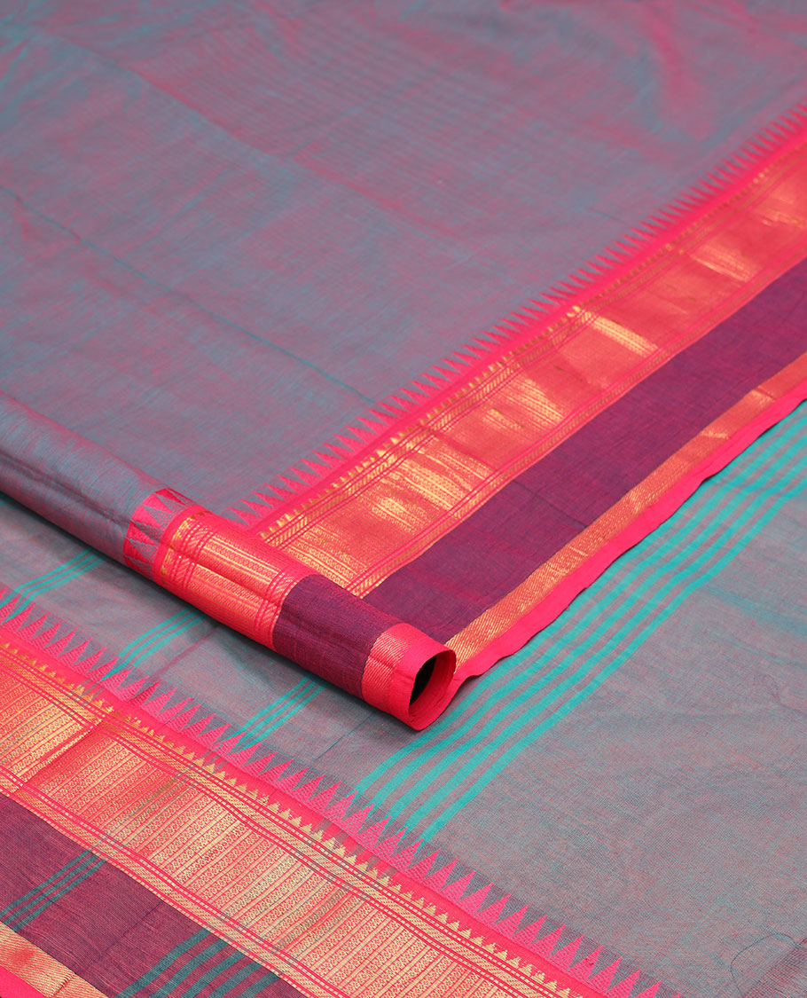 Purple nine yards cotton saree with contrast temple border & striped pallu