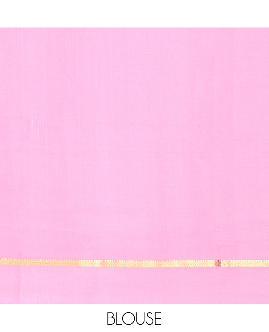 Green Mysore Silk Saree, Adorned With Zari Stripes and Peacock Buttas Across Its Body, Complemented by Captivating Contrast Border of Traditional Zari Designs, Pallu Steeped with Traditional Zari Designs, and Paired with a Contrast Blouse