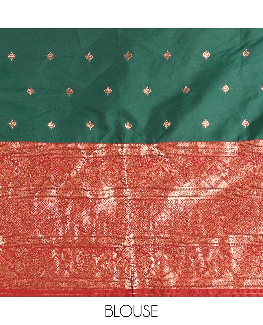Dark green taffeta silk half saree, zari buttas with contrast red traditional zari border, matching zari blouse, and contrast plain zari border dhavani