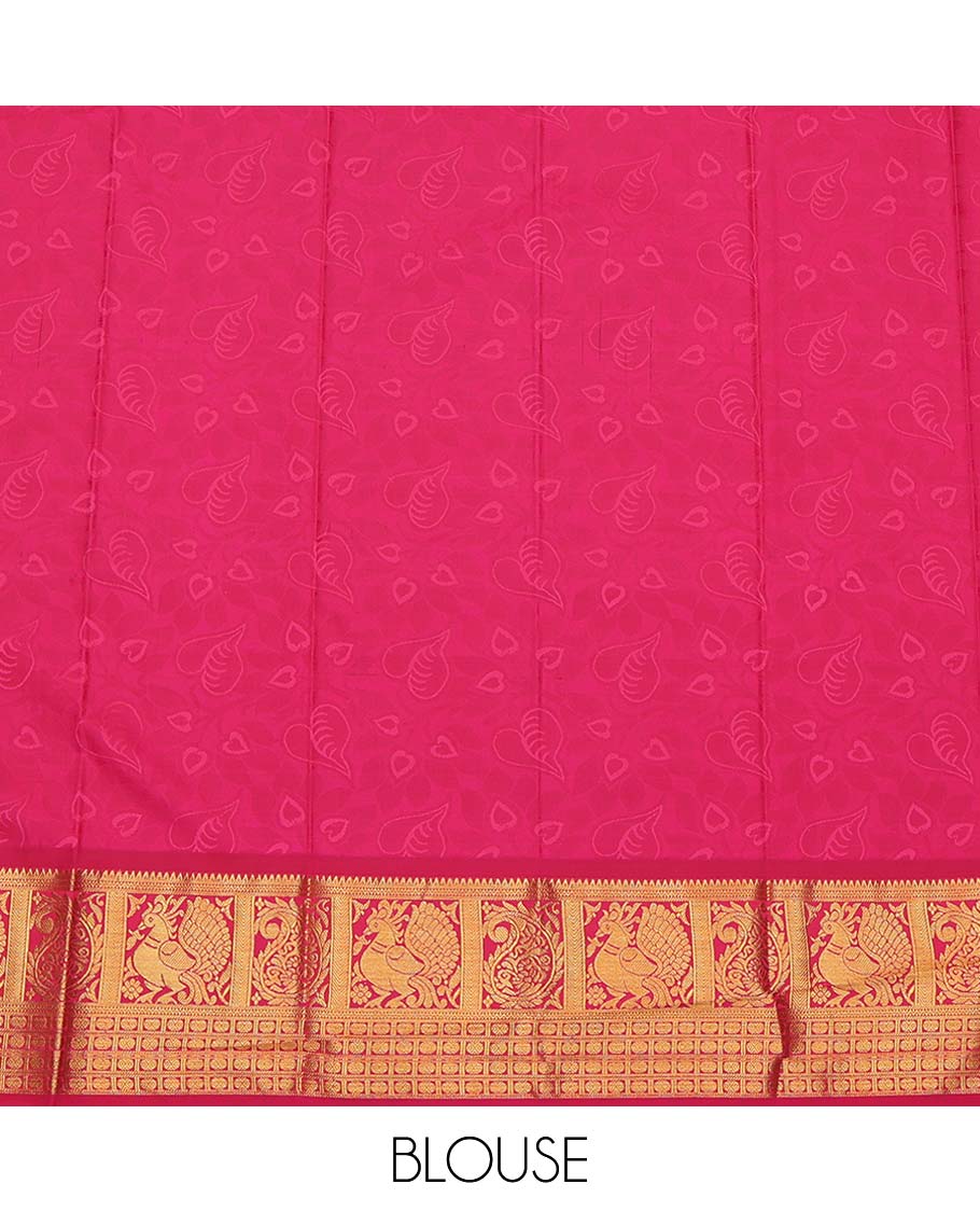 Green Budget Silk Saree, Showcasing Floral Vine Design, Complemented by Contrast Peacock and Paisley Zari Border, a Jaal Pallu and a Contrast Blouse