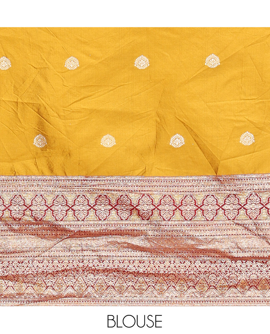 Mustard Banarasi Half-Saree, Adorned with Zari Buttas, a Contrast Traditional Zari Border, a Matching Blouse, and a Contrast Dhavani