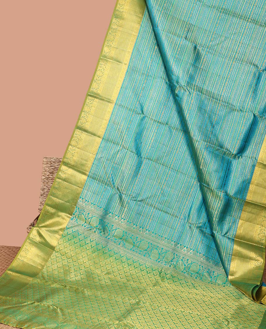 Blue striped floral design kancheepuram silk saree with contrast intricate zari border & checked zari design pallu