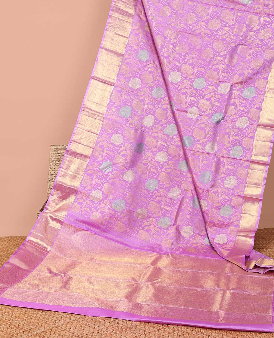 Puprle floral vine design kancheepuram wedding silk saree with contrast zari design border & intricate zari design pallu