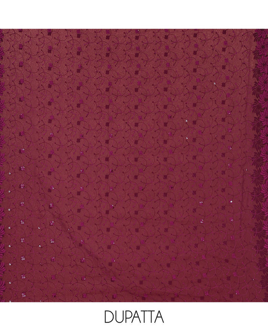 Purple material chudidar set, intricately schiffli embroidered georgette top & sequins embroidered scallop georgette dupatta