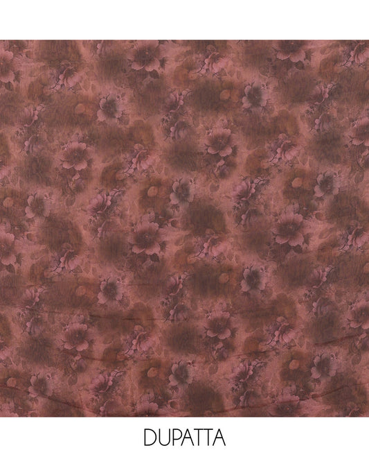 Wine Material Churidar Set, Elevated with Swarovski Stone Work Nc Moss Organza Top, Comes with a Plain Santoon Bottom, and Floral Printed Nc Moss Organza Dupatta