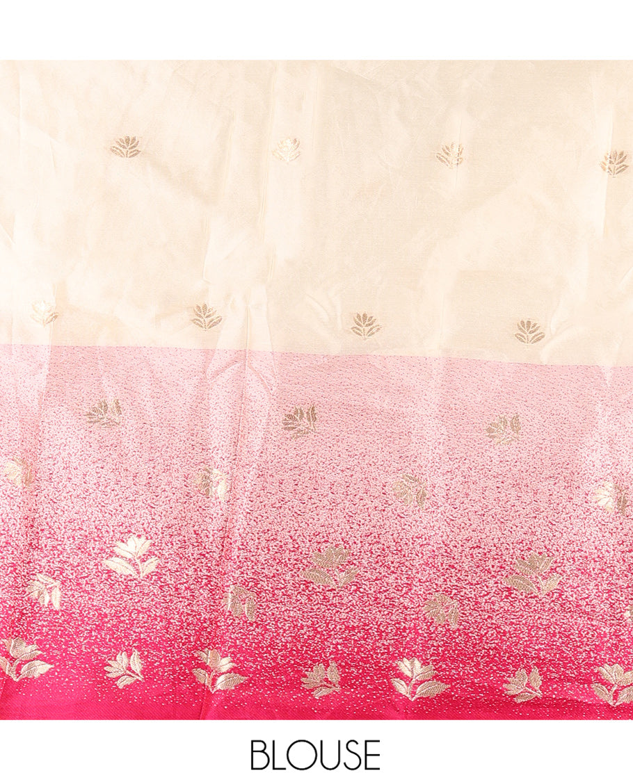 Cream-Rani Pink  Semi-Silk Half-Saree Featuring Buttas Skirt, Contrast Floral Border, Matching Blouse, Contrast Syska Georgette Dhavani