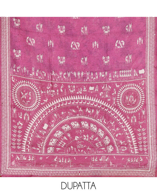 Pink Material Churidar Set, Beautifully Designed with Warli Motifs Printed on Chanderi Top, Comes with a Plain Santoon Bottom, and Is Paired with a Chanderi Dupatta Featuring Warli-Village Themed Motifs Print