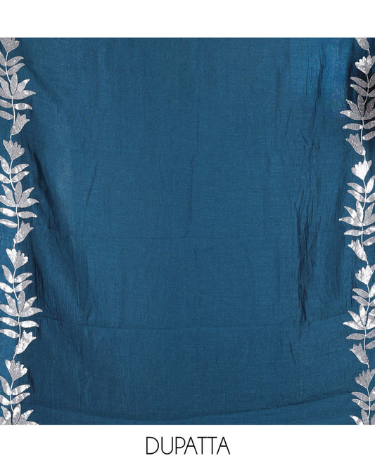 Liril Green Material Churidar Set, Detailed with Floral Motifs Sequins-Thread Embroidered on Its Vichitra Silk Top, Comes with a Contrast Santoon Bottom, and Paired with a Vichitra Silk Floral Embroidered Scallop Dupatta