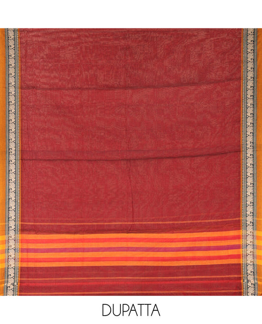 Maroon Mercerised Cotton Material Churidar Set, Subtly Woven Plain with Contrast Traditional Elephant Motif Bordered Top, a Plain Santoon Bottom, and Paired with a Mercerised Cotton Dupatta