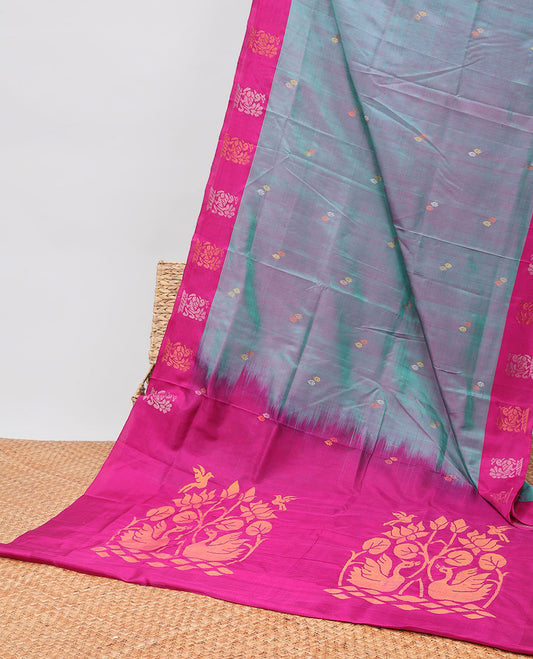 Green  floral buttas uppada silk saree with contrast peacocok buttas border & intricate zari design pallu