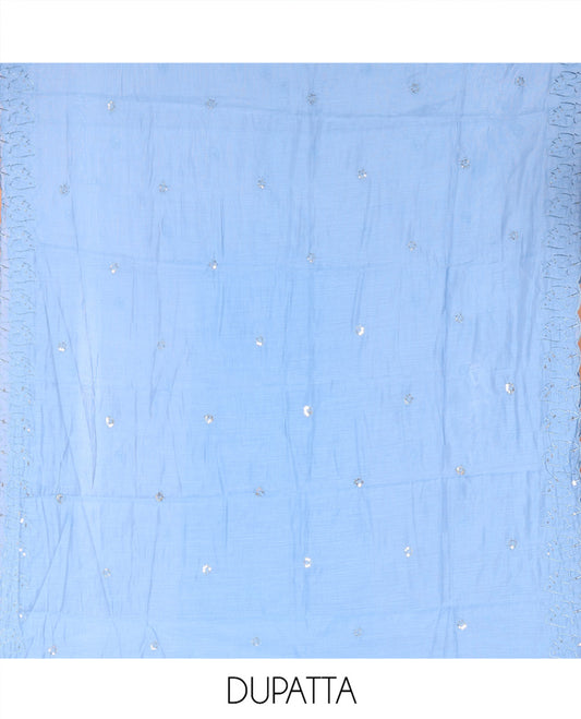 Blue Mul Chanderi Material Chudidar Set, Adorned with Appliqué Floral Embroidery on Its Top, a Plain Santoon Bottom, and Paired Scallop Embroidered Mul Chanderi Dupatta