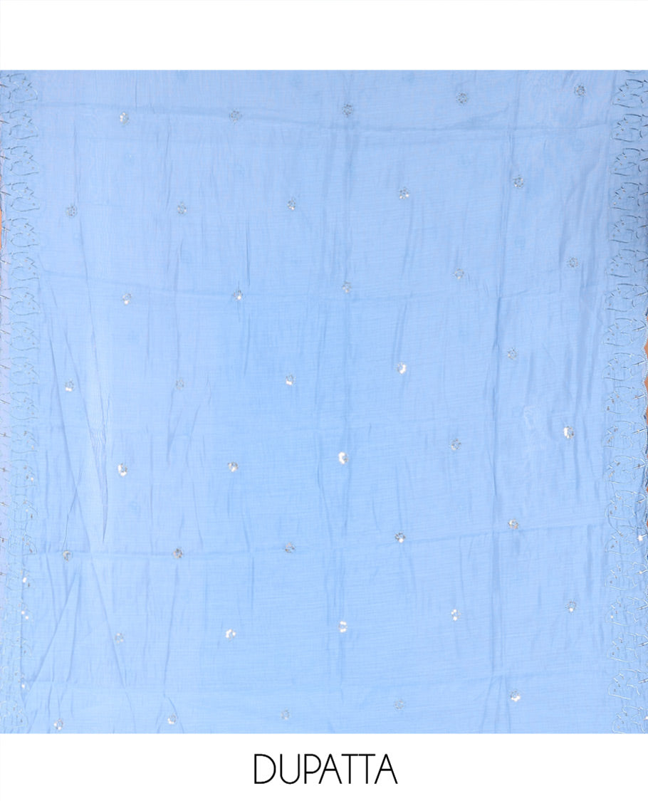 Blue Mul Chanderi Material Chudidar Set, Adorned with Appliqué Floral Embroidery on Its Top, a Plain Santoon Bottom, and Paired Scallop Embroidered Mul Chanderi Dupatta