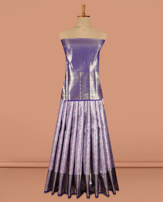 Grey Jacquard Art Silk Pavadai Material Features a Contrast Traditional Border, a Contrast Blouse
