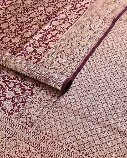 Red floral jacquard banaras silk saree with self intricate zari border & argyle pattern pallu
