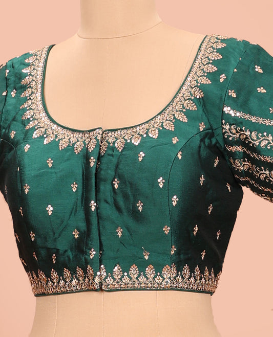Green embroidered round neck with elbow sleeve  raw-silk blouse