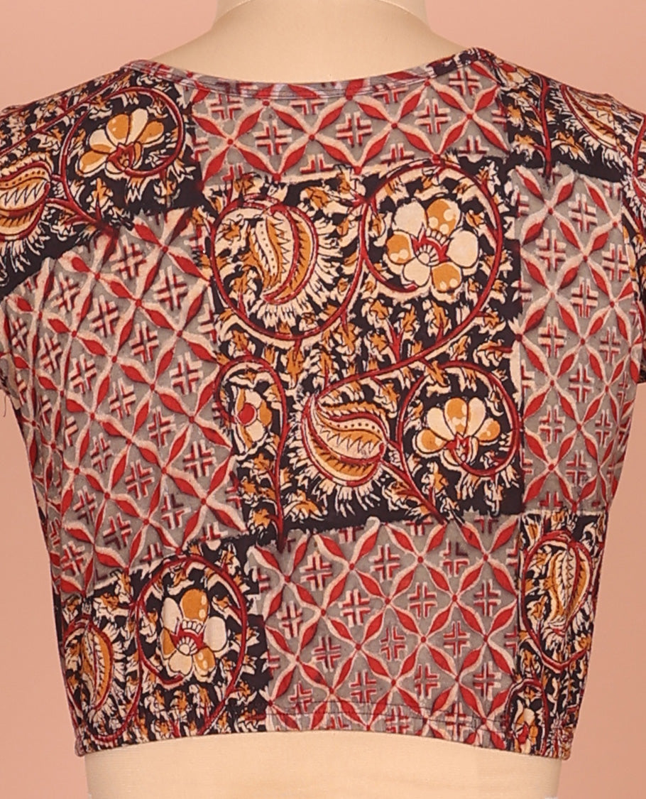Multi-color Cotton Readymade Blouse Bedecked with All-Over Floral Vine-Jaal Print, Featuring a Front Round-Neck, a Closed Back-Neck, and Elbow Sleeves