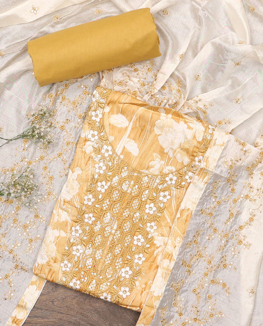 Sandal material chudidar set, floral silhouette print and neck embroidered top, plain bottom, and floral jaal embroidered dupatta