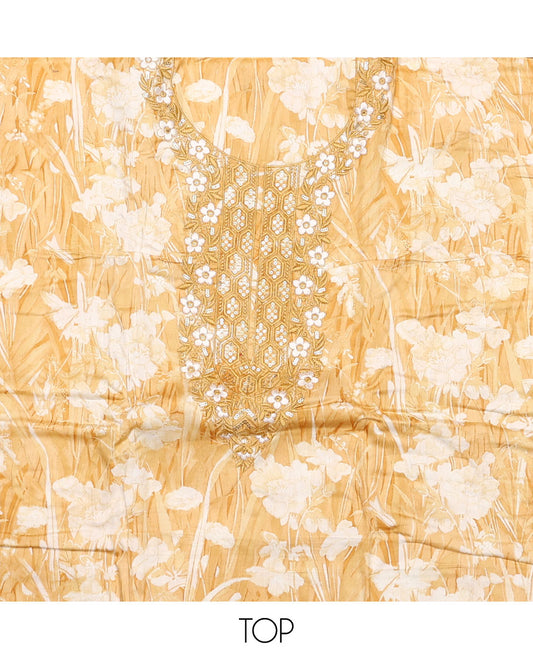 Sandal material chudidar set, floral silhouette print and neck embroidered top, plain bottom, and floral jaal embroidered dupatta