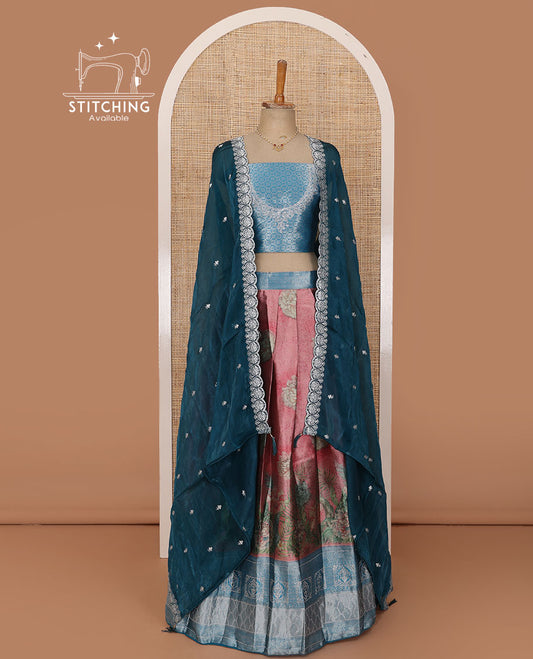 Light wine lehenga set, floral print with contrast Mughal motifs zari woven & stone embroidered border skirt, jacquard embroidered blouse & embroidered scallop dhavani with belt