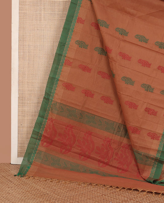 Brown floral design printed kanchi cotton saree, contrast border and pallu of floral designs
