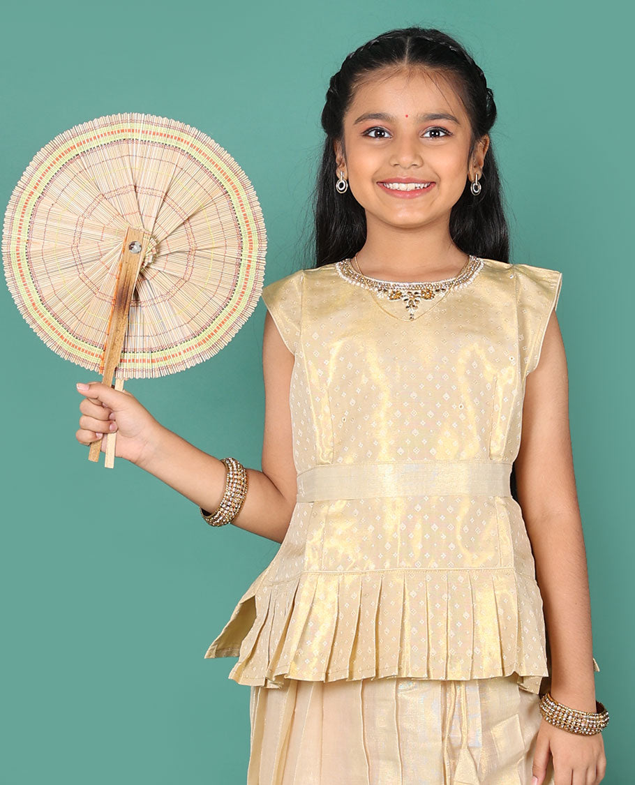 Kerala cream readymade art silk pavadai, zari border skirt & jacquard embroidered round neck sleeveless blouse