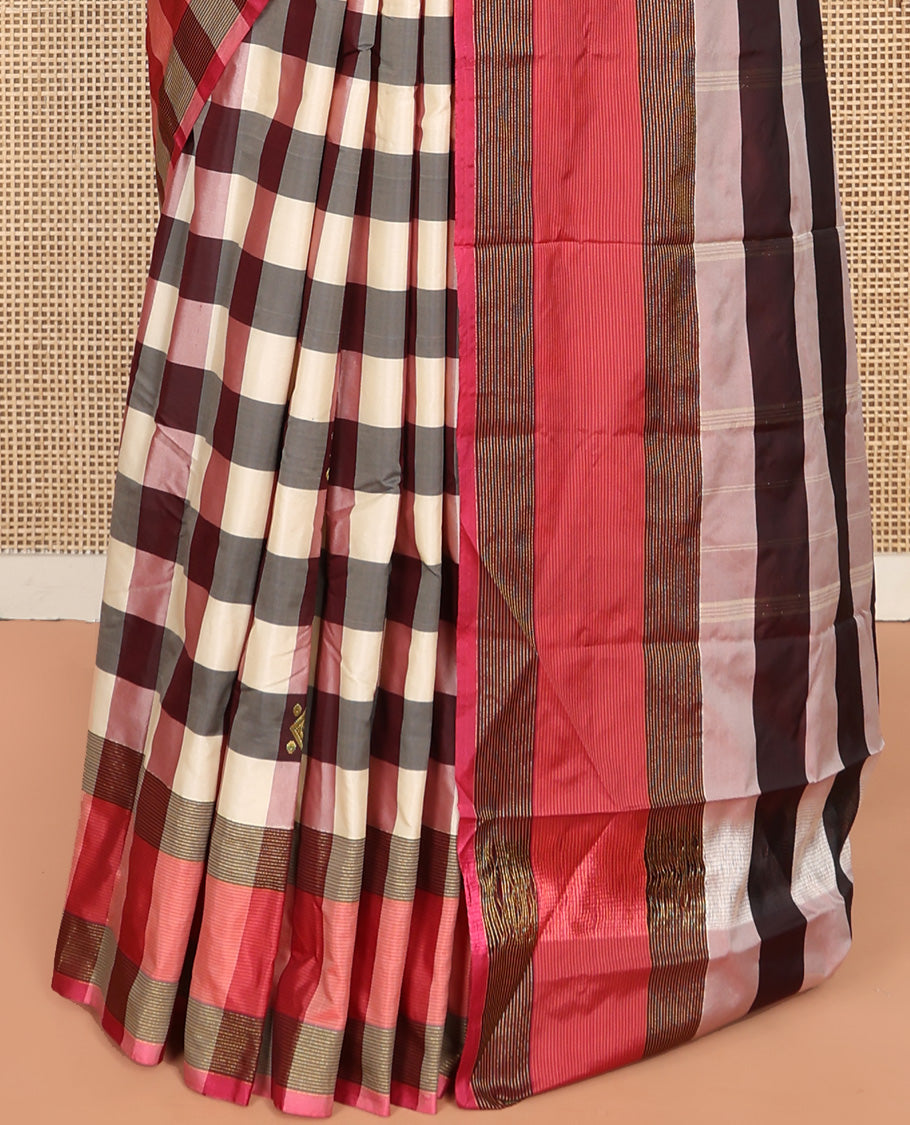 Multi-Color Aarani Silk Saree, Boldly Accentuated with Buttas and Medium-Checked Design All Over Its Body, Complemented by a Contrast Border, Striped Pallu, and Paired with a Matching Blouse