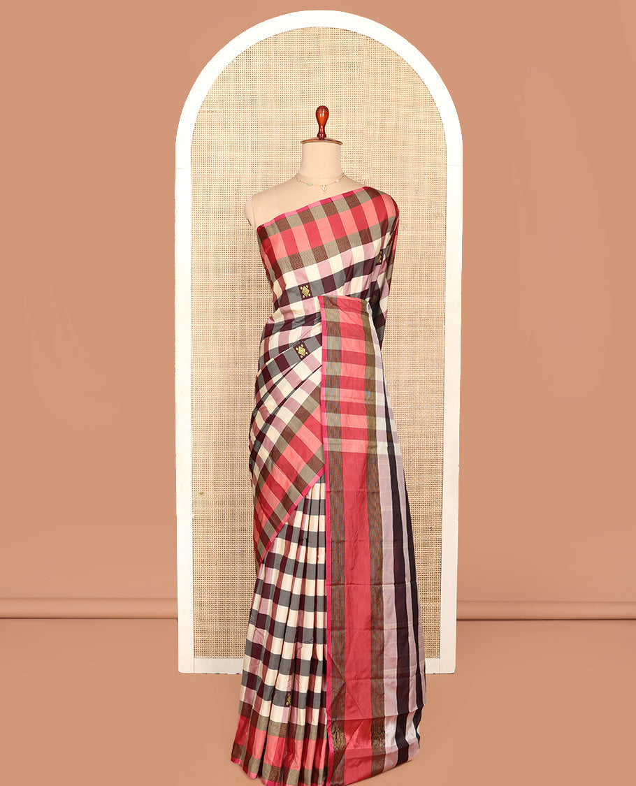 Multi-Color Aarani Silk Saree, Boldly Accentuated with Buttas and Medium-Checked Design All Over Its Body, Complemented by a Contrast Border, Striped Pallu, and Paired with a Matching Blouse