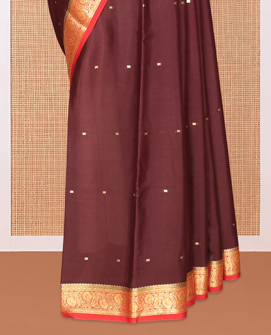 Brown Zari Buttas Mysore Silk Saree, Complemented by a Contrast Floral Creeper Zari Border, Zari Design Pallu, and a Contrast Blouse