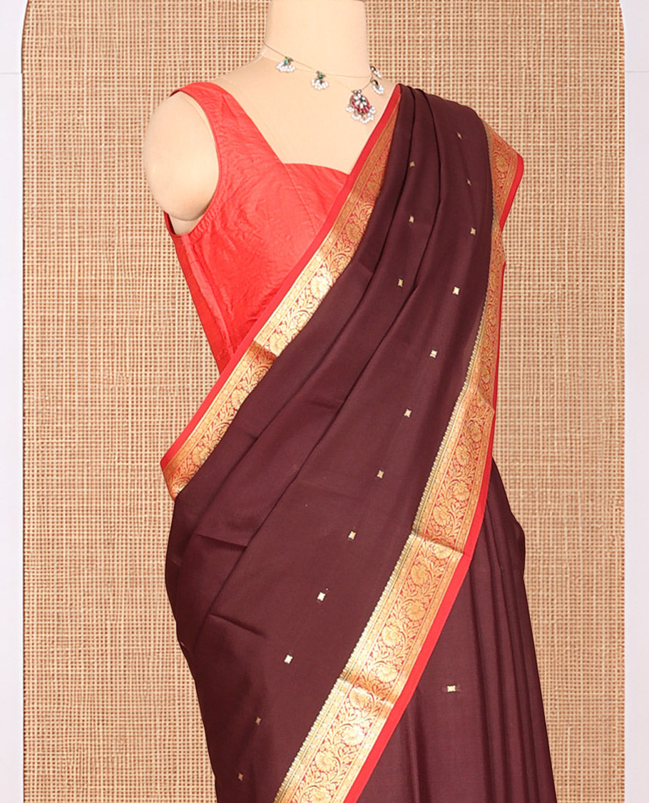Brown Zari Buttas Mysore Silk Saree, Complemented by a Contrast Floral Creeper Zari Border, Zari Design Pallu, and a Contrast Blouse