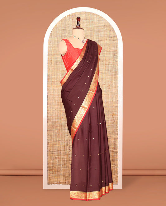 Brown Zari Buttas Mysore Silk Saree, Complemented by a Contrast Floral Creeper Zari Border, Zari Design Pallu, and a Contrast Blouse