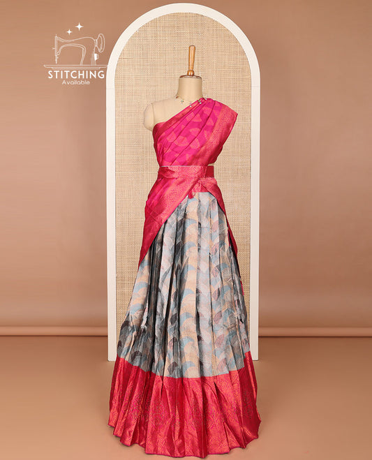 Multi color jacquard  art silk half saree with contrast zari border, zari design blouse & floral zari design dhavani