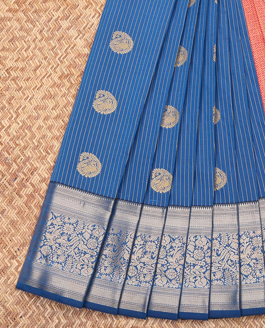 Blue Budget Silk Saree, Embellished with Zari Buttas and Stripes All Over Its Body, Highlighted by a Traditional Zari Design Big Border, Contrast Pallu of Jaal Designs, and Paired with a Contrast Blouse