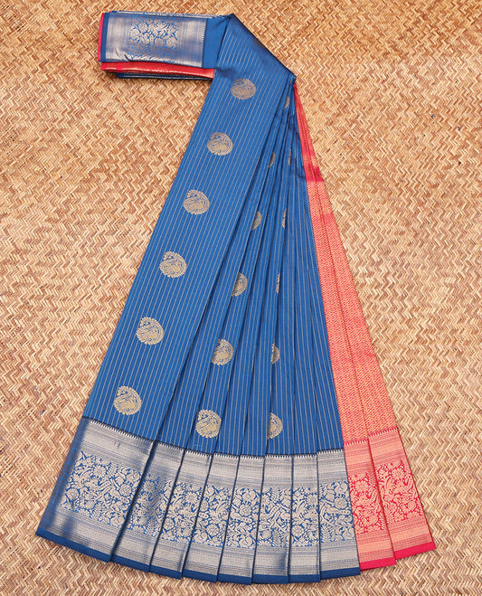 Blue Budget Silk Saree, Embellished with Zari Buttas and Stripes All Over Its Body, Highlighted by a Traditional Zari Design Big Border, Contrast Pallu of Jaal Designs, and Paired with a Contrast Blouse